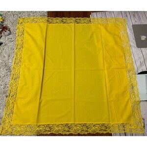 Yellow Harvest Gold Vintage Tablecloth 70s Floral Lace Trim Square 49”